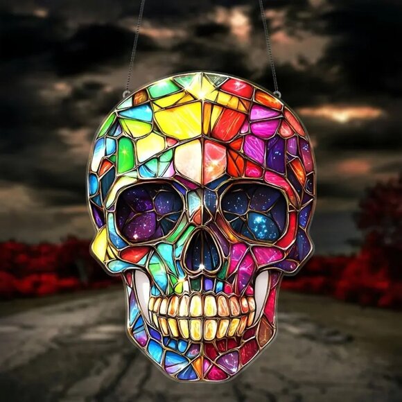 Suncatcher Sugar Skull Hanging Window Decor Very Colorful Skeleton Rainbow New - Picture 2 of 3